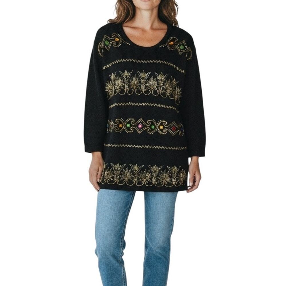 Victoria Harbour Vintage Beaded Knit Tunic Sweater Black Gold Size M